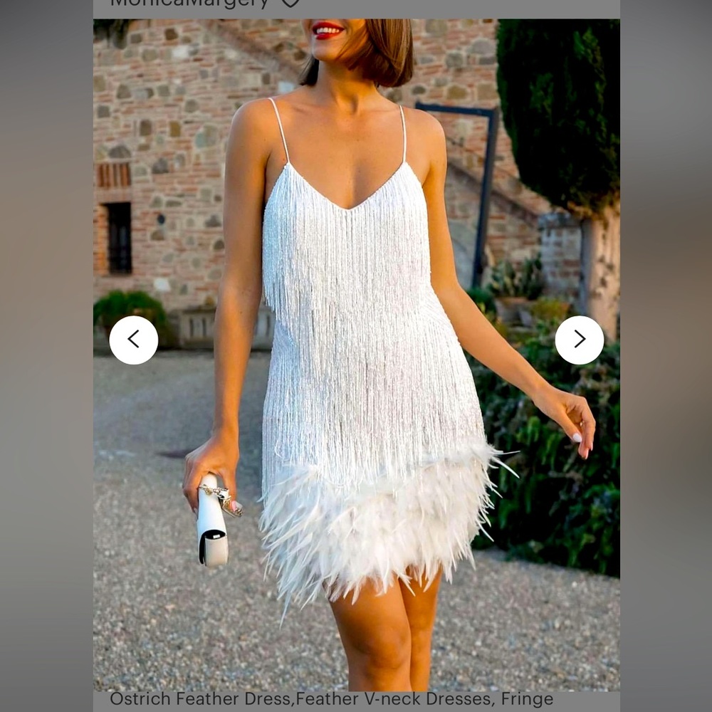 White Fringe Sequin dress with feathers